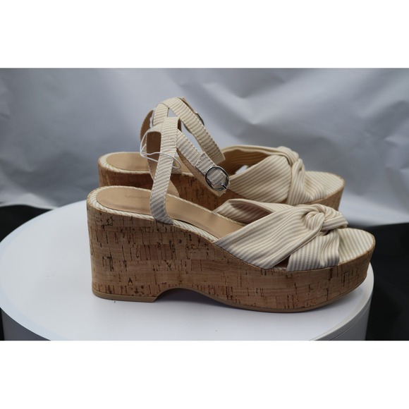NEWUniversal Thread Shoes Womens Sz 7.5 Beige Stripe Cork Platform Wedge Sandals - Picture 5 of 11